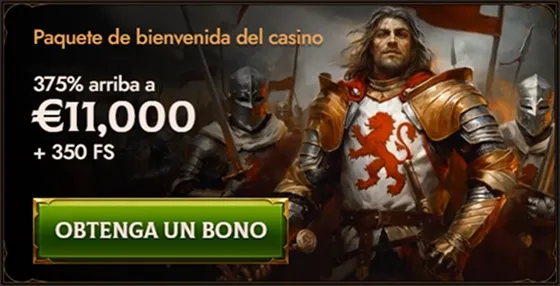 Crusado Casino welcome bonus banner with 375% up to €11,000 + 350 FS