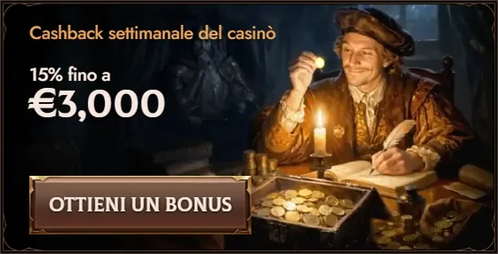 Crusado Casino weekly cashback bonus 15% up to €3,000 with 'Get Bonus' button