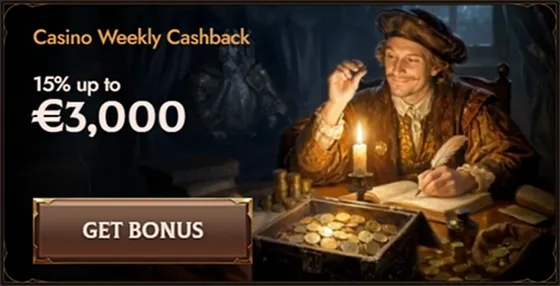 Crusado Casino weekly cashback banner with 15% up to €3,000 offer