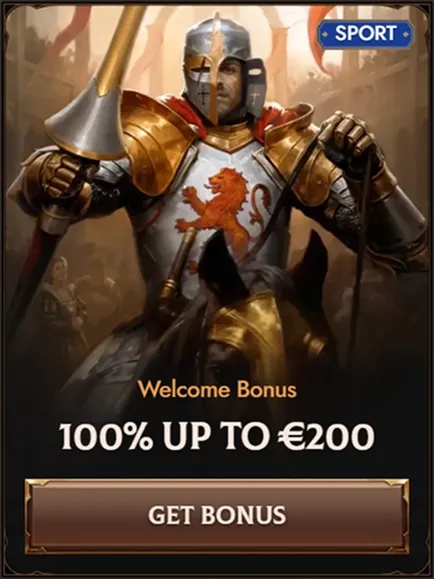 Crusado Casino welcome bonus 100% up to €200 with knight