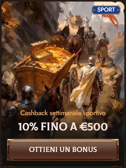 Weekly sports cashback 10% up to €500 offer with knights and treasure cart
