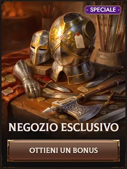 Exclusive shop banner with ornate armor and axe, offering a bonus