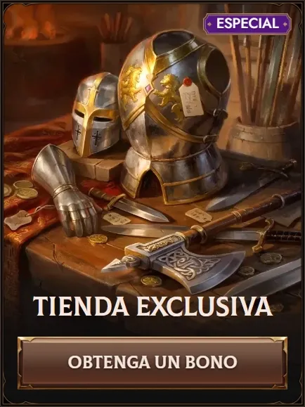 Medieval armor and weapons with "Tienda Exclusiva" and "Obtenga un Bono" text