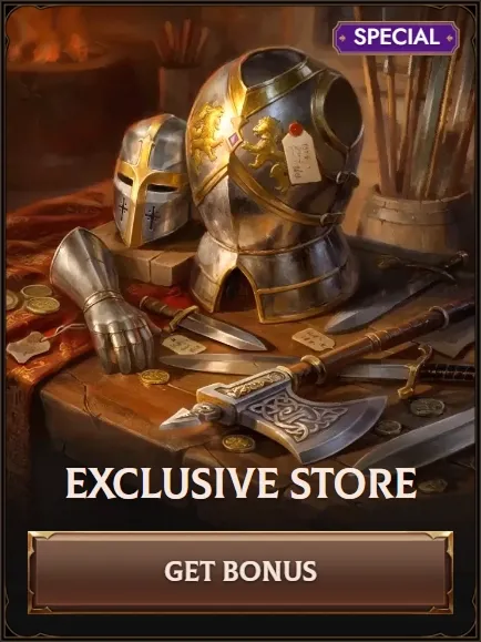 Exclusive Store banner with medieval armor and axe, Get Bonus CTA