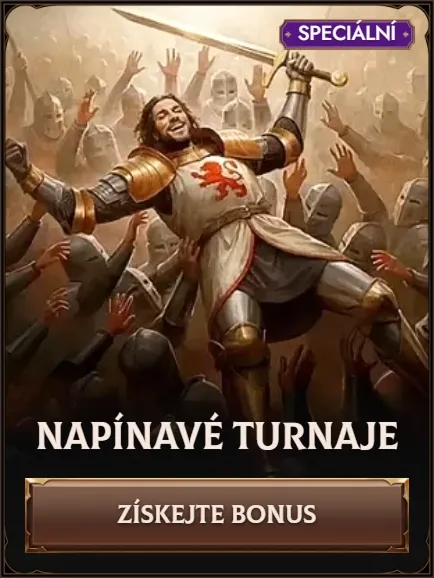 Napínavé turnaje banner with knight celebrating and "Získejte bonus" button