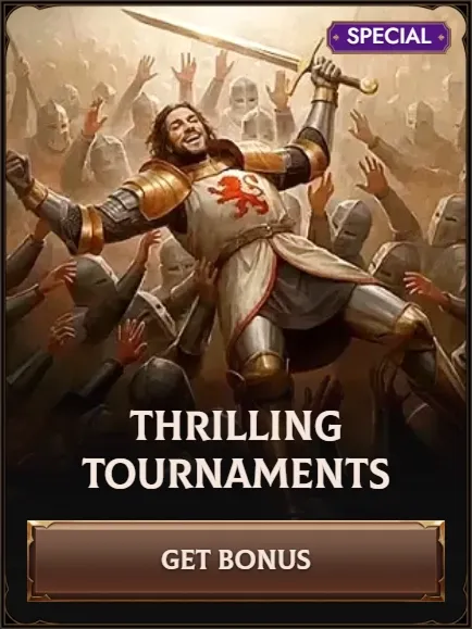 Thrilling Tournaments banner with knight celebrating and Get Bonus CTA