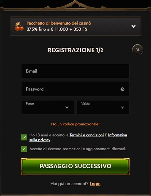 Crusado Casino registration form with welcome bonus details