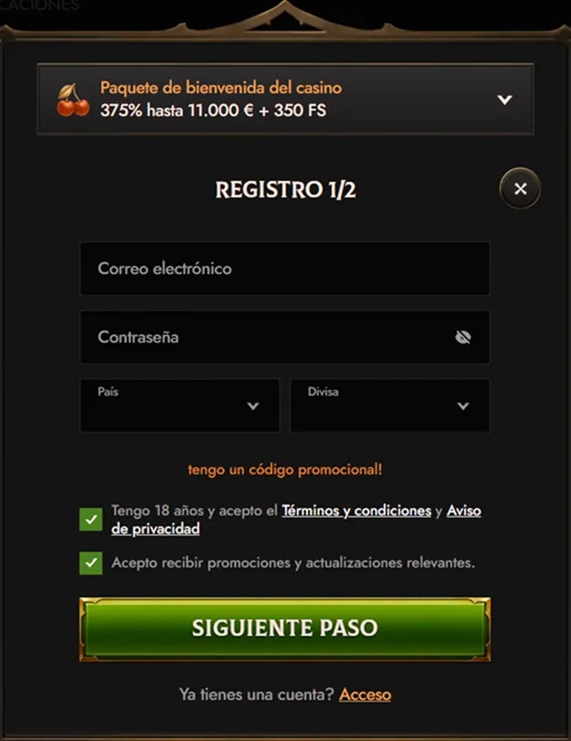 Crusado Casino registration form with email, password, country, and currency fields