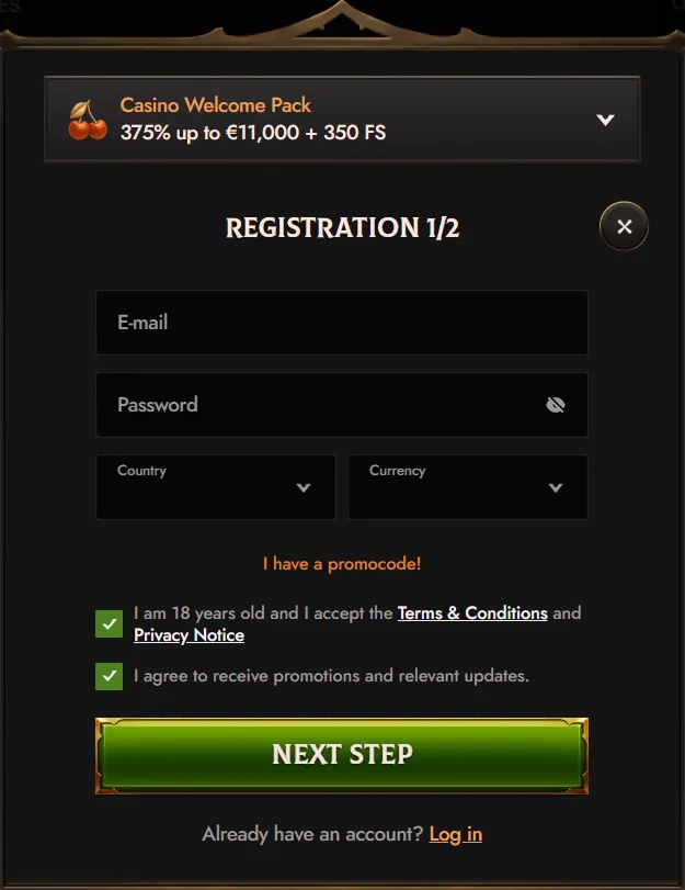 Crusado Casino registration form with welcome pack details and fields for email and password