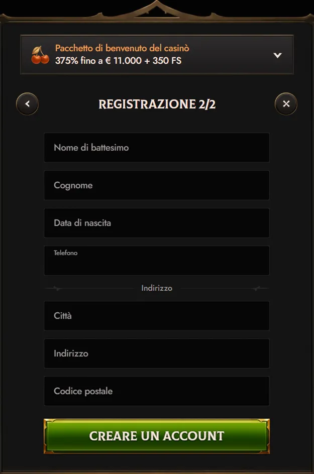 Crusado Casino registration page with fields for name, surname, DOB, phone, and address