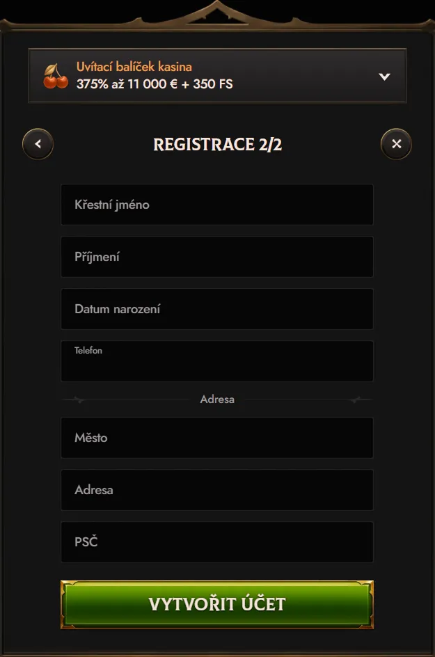 Crusado Casino registration form with welcome bonus details and fields for personal info
