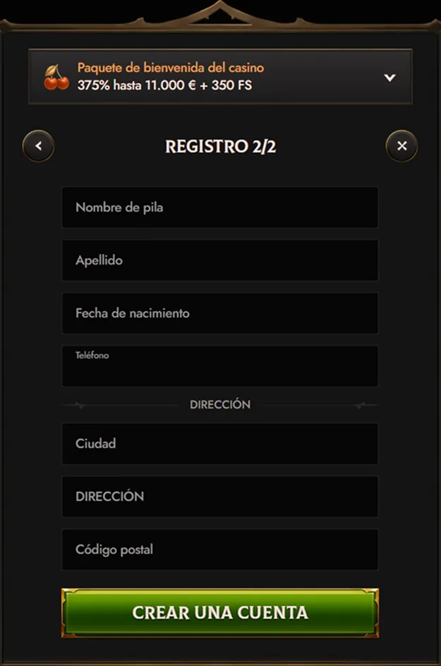 Crusado Casino registration form with fields for name, birth date, and address