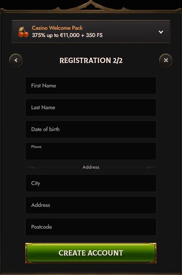 Crusado Casino registration page 2/2 for new players