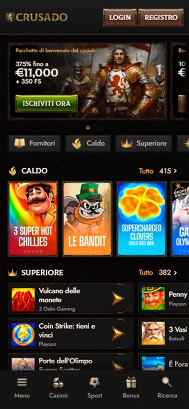 Crusado Casino mobile lobby with slot game grid and bonus banner