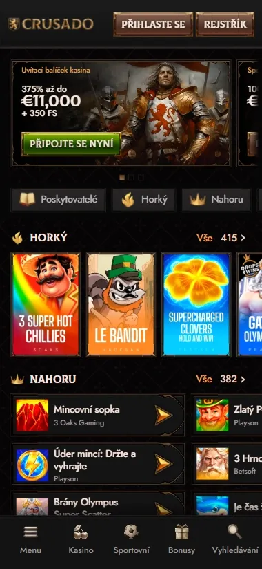 Crusado Casino mobile lobby with slot game grid and bonus banner