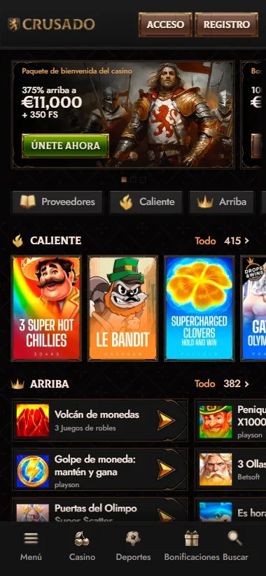 Crusado Casino mobile lobby with slot game grid and welcome bonus banner