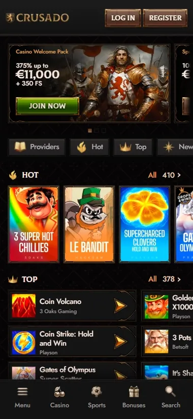 Crusado Casino mobile lobby with promotions and hot slot games