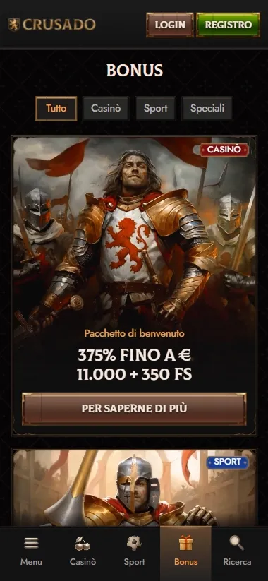 Crusado Casino mobile bonus banner with welcome offer 375% up to €11,000 + 350 FS