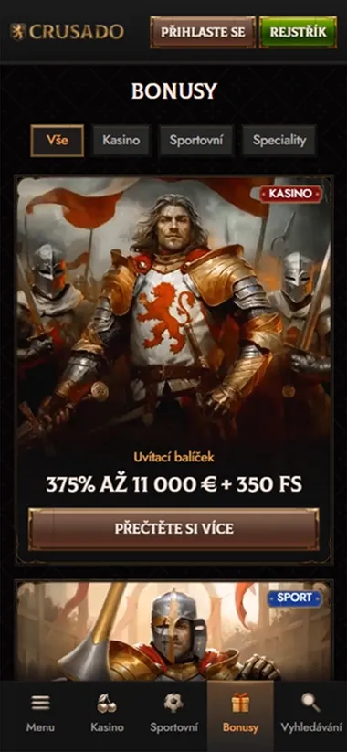 Crusado Casino mobile bonus screen with 375% up to €11,000 + 350 FS offer