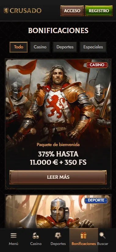 Crusado Casino mobile promotions banner with 375% welcome bonus + 350 FS