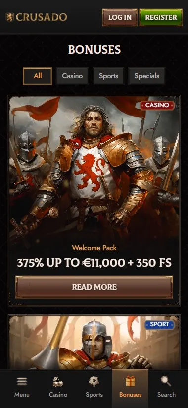Crusado Casino mobile bonuses page with welcome pack offer 375% up to €11,000 + 350 FS
