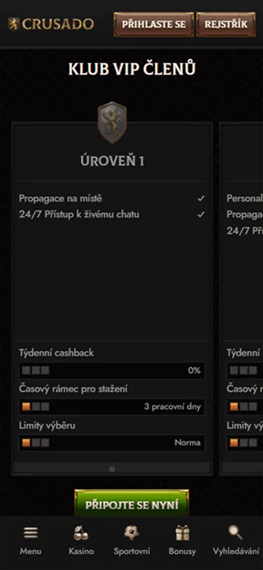 Crusado Casino VIP club screen showing Level 1 benefits and join now button