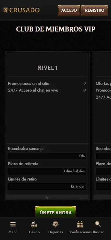 Crusado Casino VIP Club mobile screen showing membership levels and benefits