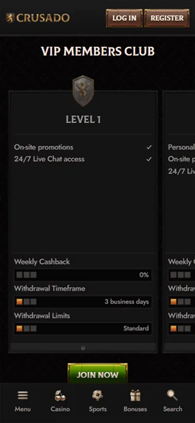 Crusado Casino mobile VIP Members Club Level 1 benefits