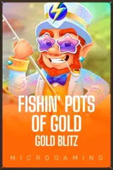 Fishin' Pots of Gold Gold Blitz slot game with leprechaun and Microgaming logo