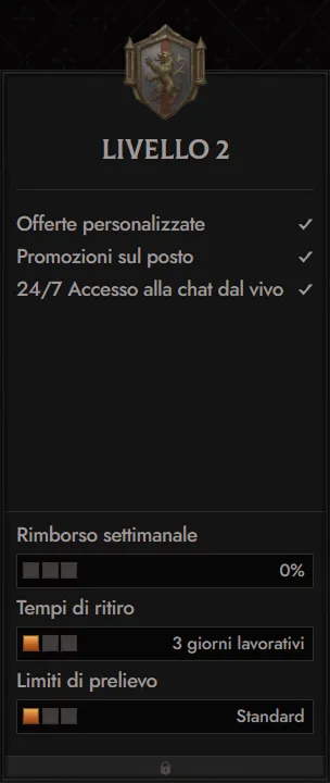 Crusado Casino Level 2 VIP status with personalized offers and 24/7 live chat