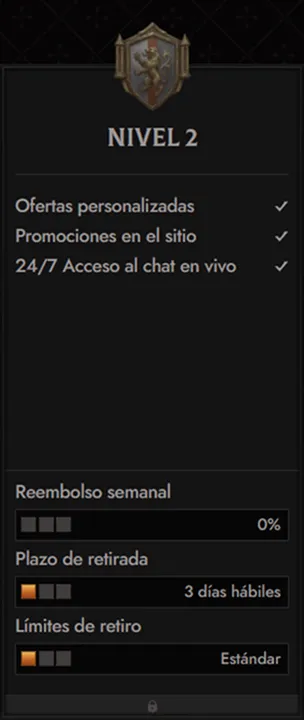 Crusado Casino VIP level 2 benefits: personalized offers, site promotions, 24/7 live chat.