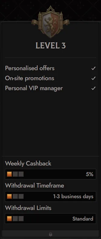 Crusado Casino Level 3 VIP benefits: personalized offers, promotions, VIP manager, 5% cashback