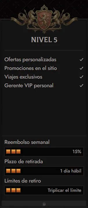 Crusado Casino VIP level 5 benefits: personalized offers, promotions, exclusive trips, VIP manager, weekly cashback 15%